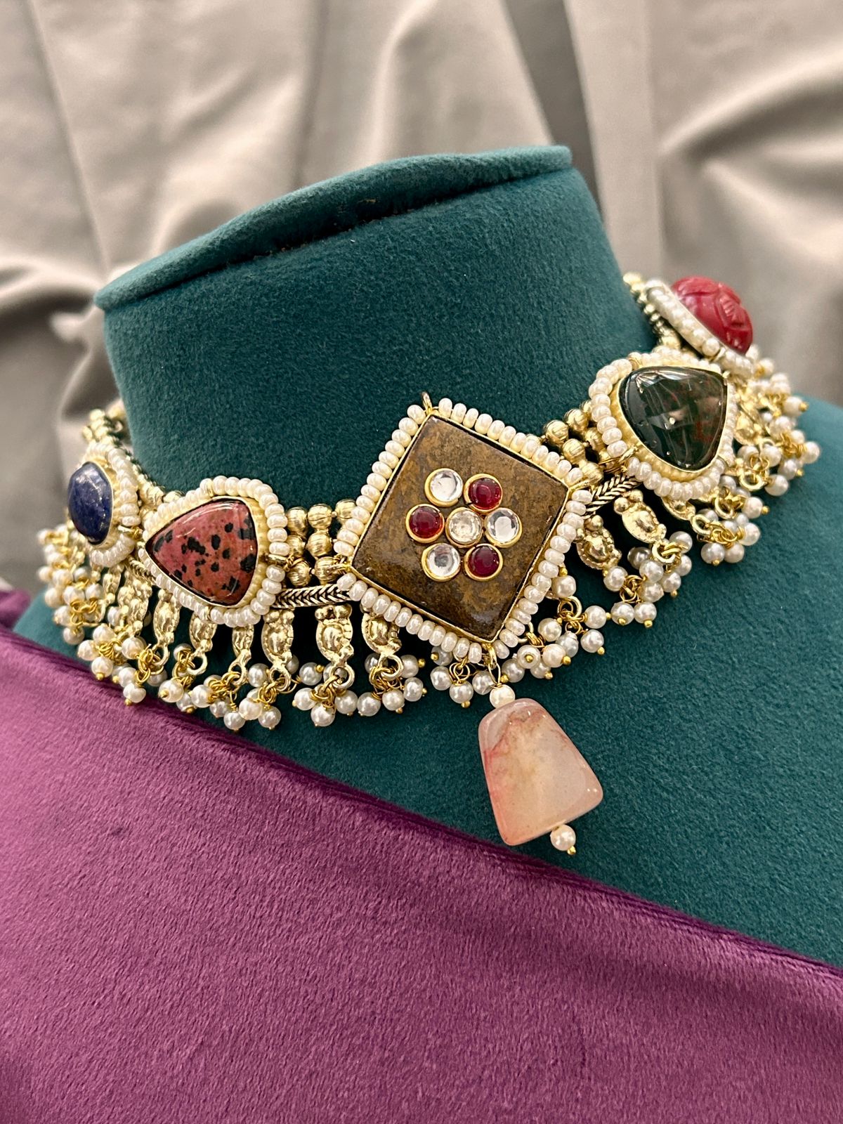 Royal Multi-Stone Kundan Choker Necklace Set with Pearls